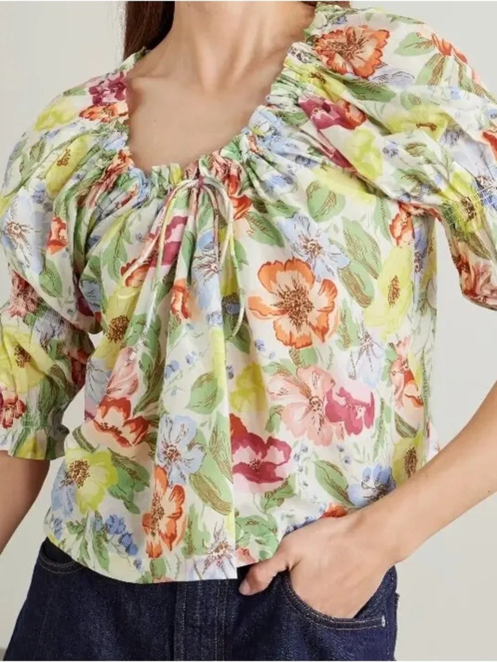 Doen Inez Blanc anemone bloom Floral Puff-Sleeve Peasant Blouse